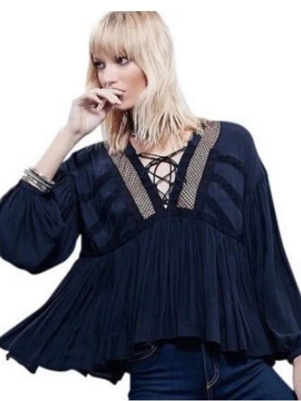 Free People Navy Lace-Up Boho Peasant Top